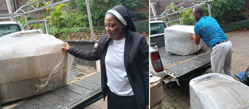 Sisters and priests collect blankets from the chancery